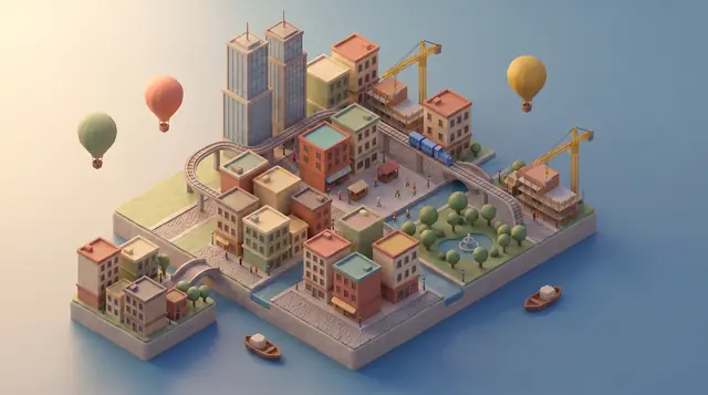 Mid-rise blocks, parks and a river crossing
