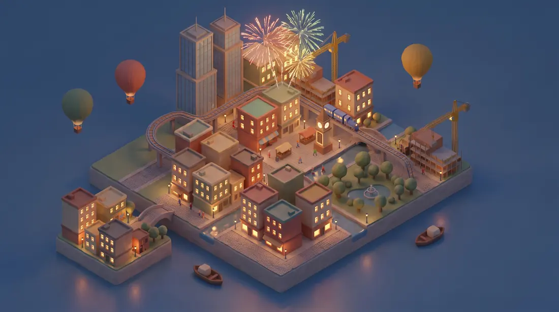 Fireworks over the city at night