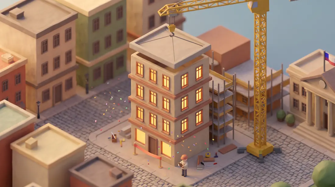 Crane lowering a roof, confetti