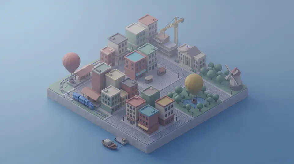 The town resting under soft fog